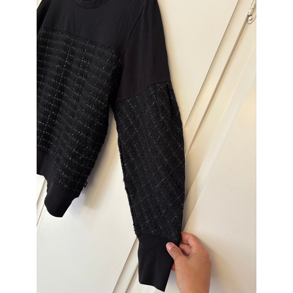 Karl Lagerfeld Paris Womens Black Mixed Media Tweed Sweatshirt Metallic Logo L - Picture 4 of 9
